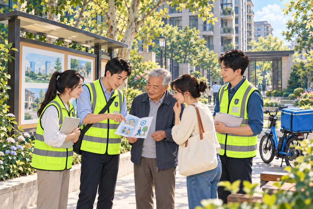 身穿荧光黄马甲的志愿者在社区向居民介绍安全知识的场景插画